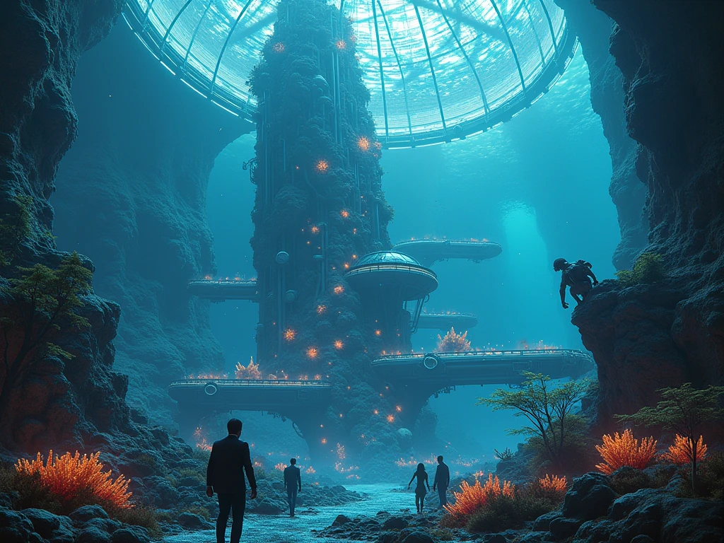 Create a poster，sci-fi style， future city ，deep-sea glass ecological dome，Bionic Coral Purification Tower，biomechanical fusion