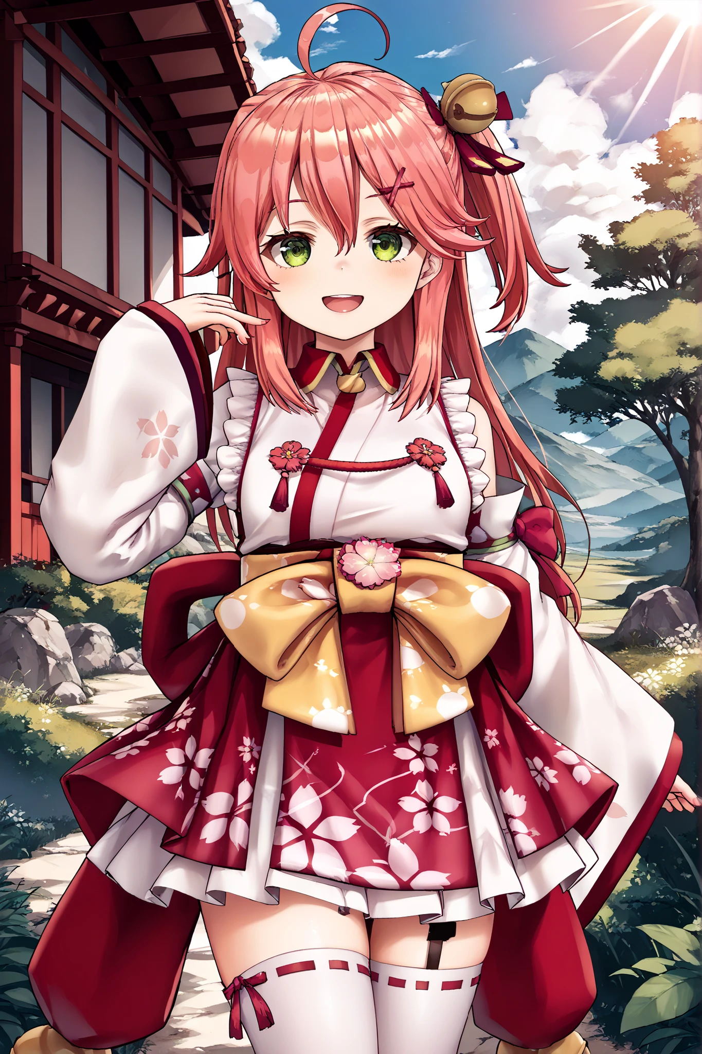best quality, highres, miko1, sakura_miko,virtualyoutuber 1girl, big_, solo, ahoge, x_hair_ornament, light_red_hair, floral print, hairclip,(side_less_clothes:1.5),  hair_bell, floral print, long_hair, hair between eyes, one side up, white thighhighs, asymmetrical legwear, wide sleeves, open_mouth,(happy:1.3),green_eyes,big_smile,plump,half_closed_eyes,(overly_long_sleeves:1.3),),sleeves_past_wrists,hands_hidden_sleeves,sidelock_clothes,solo,hidden_wrists,covered_nipples,sunlight,cherryblossom_temple_landscape_background,rise_arms, 
