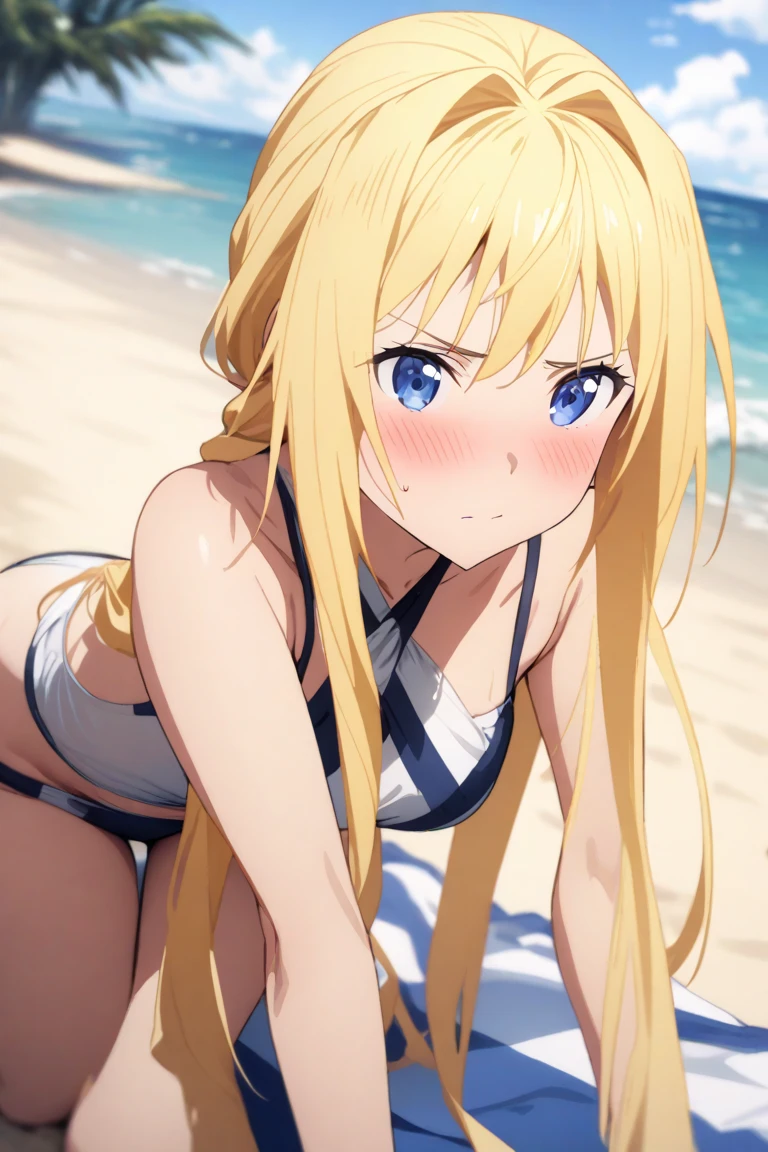 (One Girl)、Flat Color、Blonde Hair、long hair、Hair between the eyes、Big Breasts、Huge breasts、Blue Eyes、Bikini white swimsuit、Sexy Swimwear、Sexy pose、laughing、Looking Back、Watching the audience、Sandy Beach、Sunset、