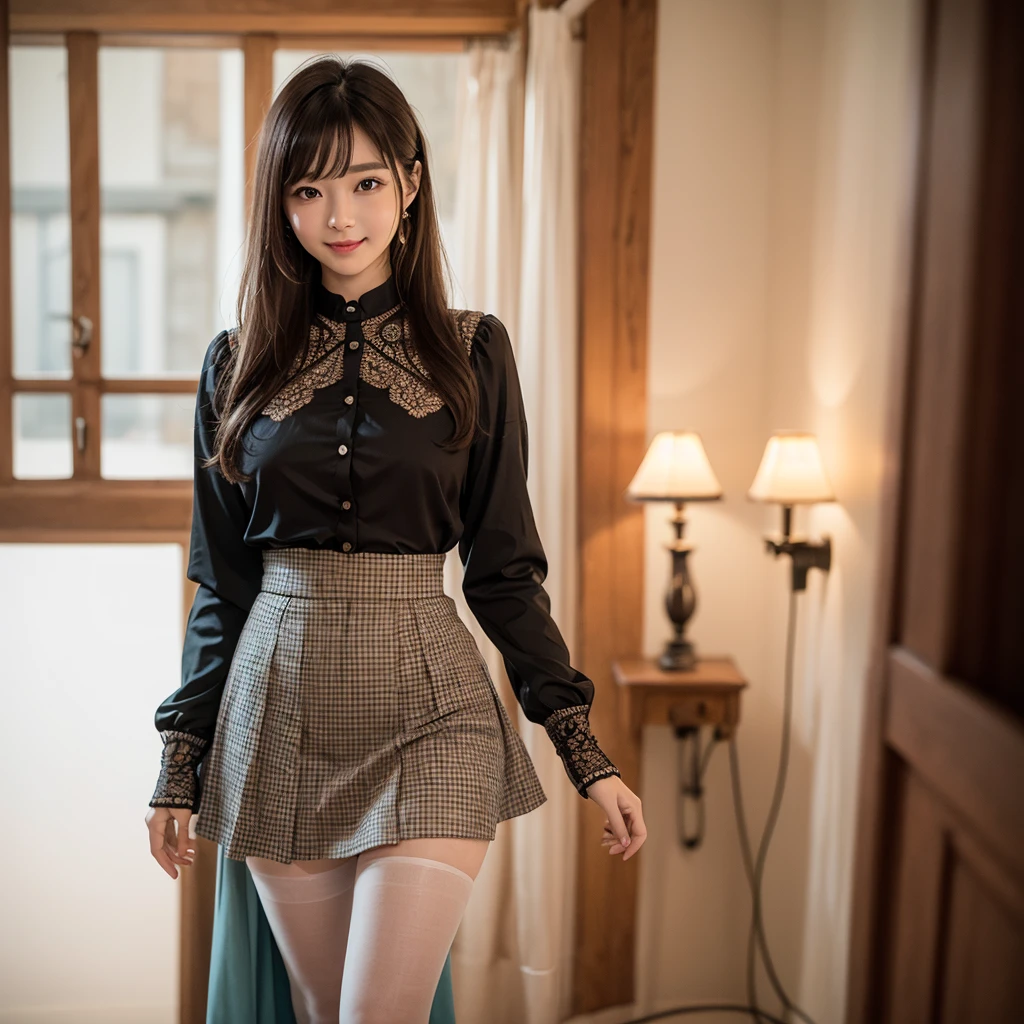 ((highest quality、8k、masterpiece:1.3)),((((cowboy shot)))),Ultra-high resolution,big eyes,Japanese,bangs,(a girl),(1 girl),((20 years old)),((facing at viewer)),(long hair),(((black school uniform))),((sitting on chair)),(((open leg))),grin,(pleated mini skirt),((black floral lace pattern panty)),((skirt lift))