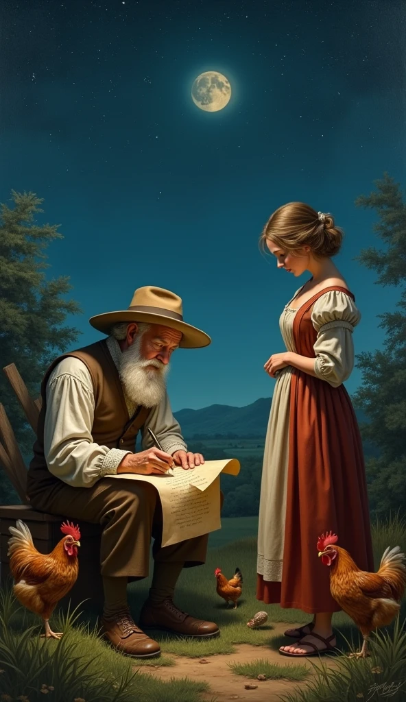 "An old man writes a love poem to a chicken farmer girl under the starry sky, surrounded by chickens, a beautiful atmosphere"
drawing in the 17th century