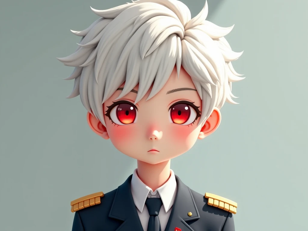 White hair with fluffy hair、uniform with tied back hair and cute sleeves、A cute red-eyed high school boy with blurry eyes
