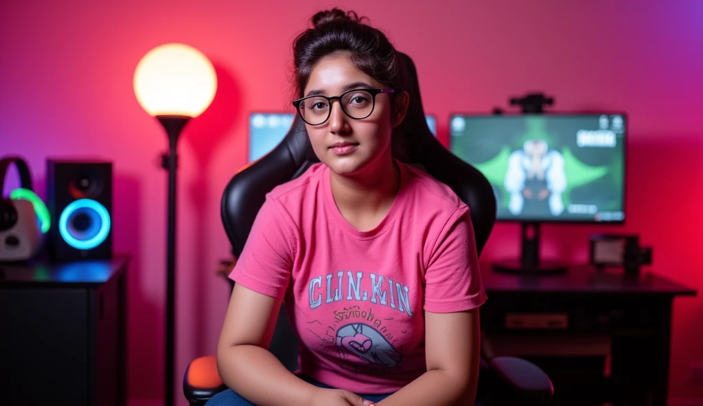 18 year indian girl setting in gaming chair short hair white girl