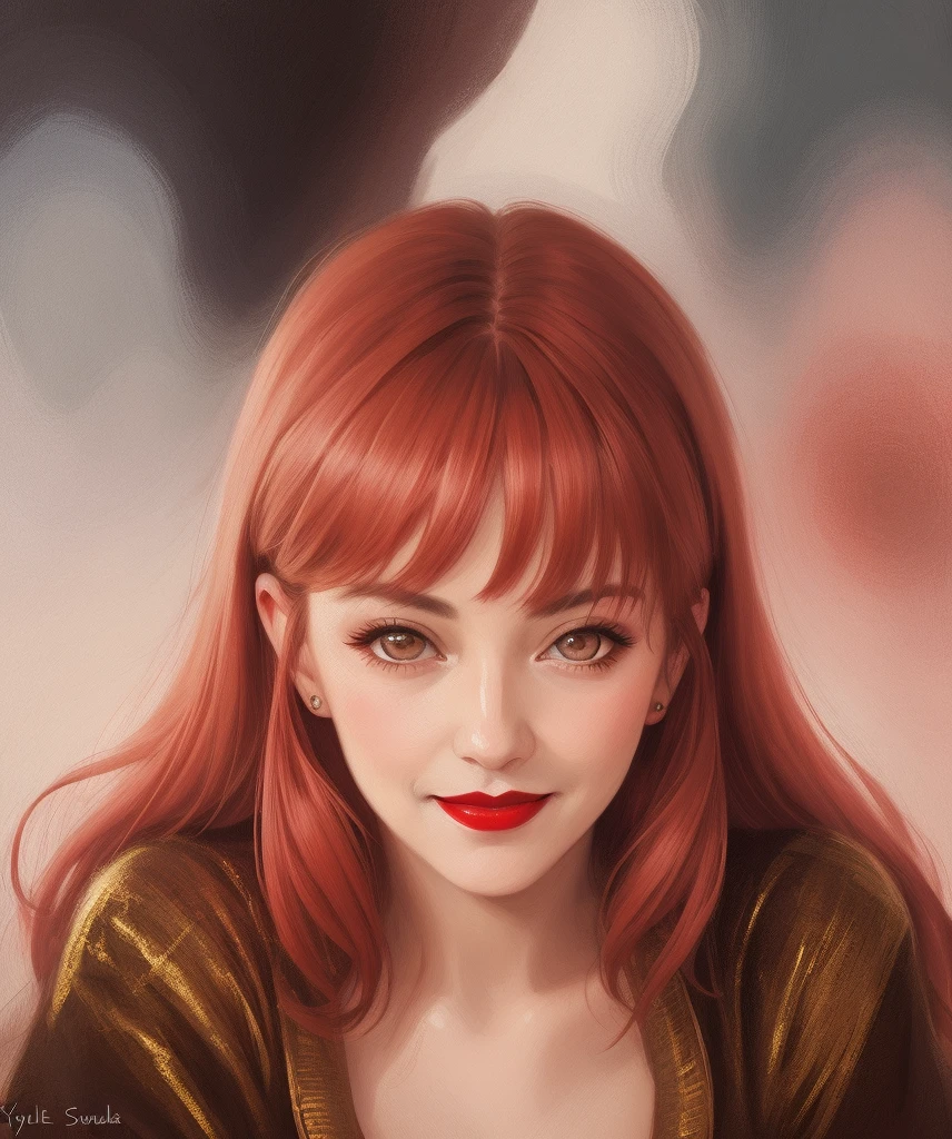 Portrait of an old lady,  small breasts, robe complexe, sweet smile,  red lips, red hair, yeux verts, Realism, Digital painting, concept art, lisse, mise au point nette,  rule of thirds, Style-Psycho