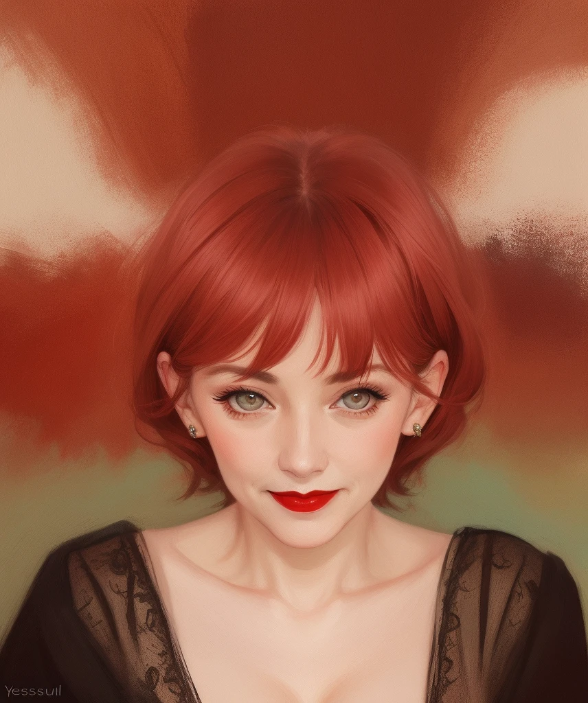 Portrait of an old lady,  small ???????, robe complexe, sweet smile,  red lips, red hair, yeux verts, Realism, Digital painting, concept art, lisse, mise au point nette,  rule of thirds, Style-Psycho
