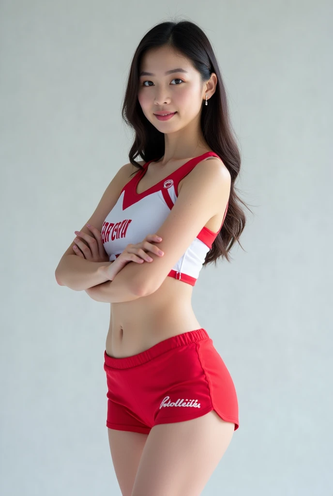 (8K、maximum quality、A Masterpiece:1.2)、(Realistic、photo-realistic:1.37)、Super Detail、The girls1people、20yo girl、beautiful woman、a Pretty、Sorrisos、solo、Athletics Stadium、Navel dashi、uniform、(Redness of the nose)、(Sorrisos:1.15)、(With mouth closed) 、beautiful eye、(Long:1.2)、Floating Hair NovaFrog Style、Wholebody,