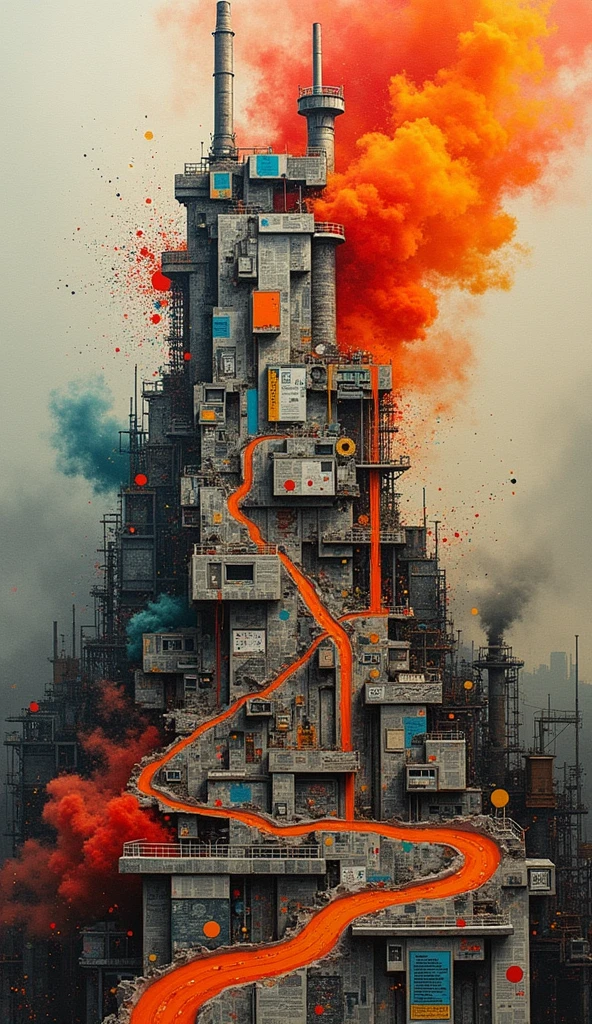(masterpiece, top quality, shape, Delicate Details, 8k:1.2),(Highly Detailed CG Unity 8k Wallpaper), (top quality), (best illustrations), Beautiful Character Drawings,Stunning Anime, Smooth Anime CG Art,(Shot by a Professional Photographer:1.2),(Best Shadow),  realistic lighting, An abstract collage artwork constructed from torn fragments of Showa-era newspapers, vintage advertisements, and faded calendar pages, layered into chaotic reliefs and surreal forms. The paper elements rise in jagged, sculptural waves, colliding and folding into each other like tectonic plates. Explosions of multicolored paint — vivid reds, electric blues, sickly greens, bright yellows — are hurled and splattered across the surface, flowing like molten lava over the textures. The paint forms rivers and craters, obscuring parts of the collage while highlighting others in visceral contrast. In the center, abstract symbols of industry — gears, barcodes, smokestacks — are partially buried in ink and paper. The background is a smoky gradient, fading between scorched orange and industrial gray, suggesting a fading atmosphere. The entire composition evokes the chaotic beauty and horror of accelerated consumerism, with no human figures, only the aftershock of human presence.