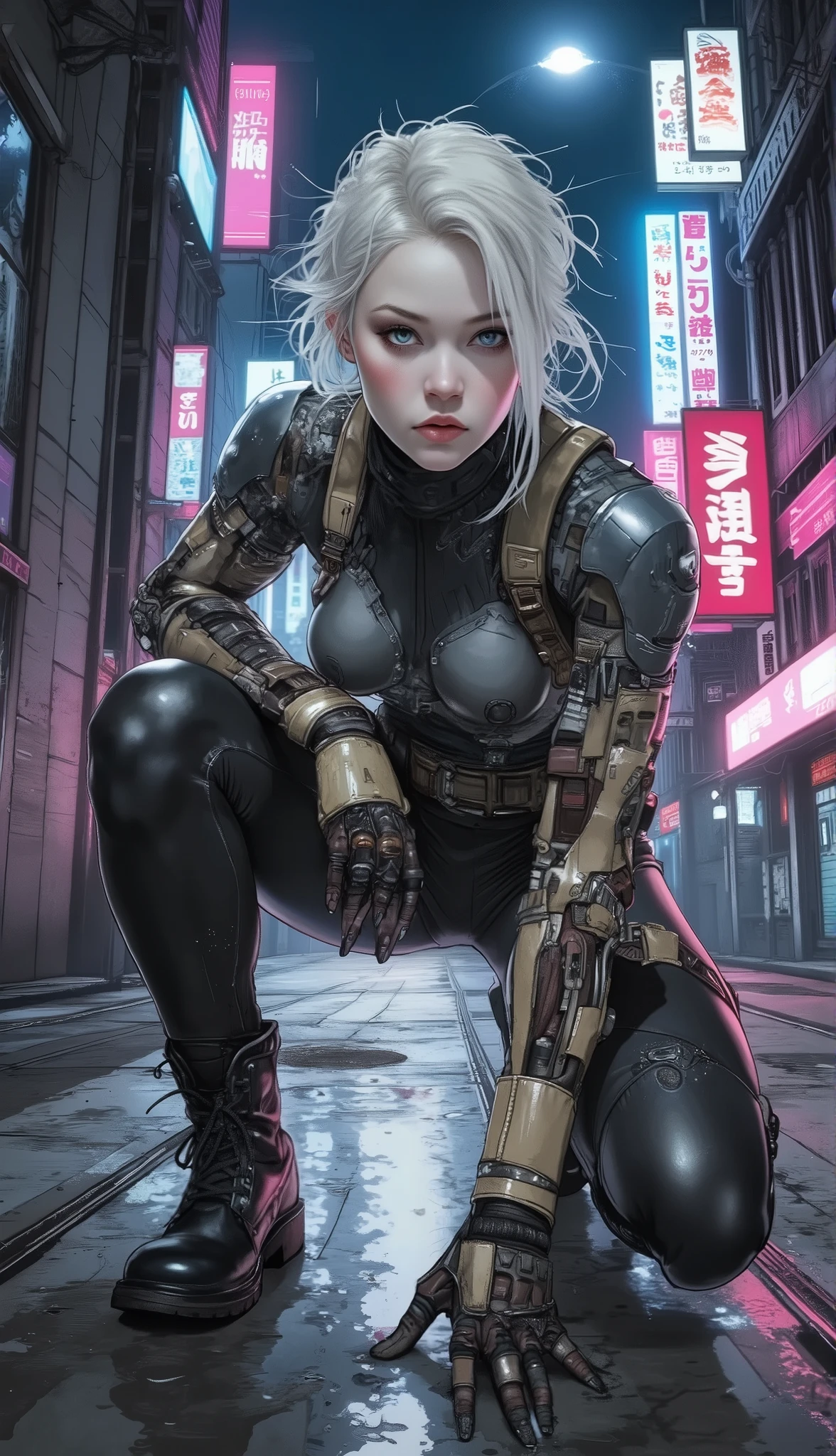 Young adult female character, Caucasian, crouching in a stylized, futuristic urban alleyway. Sharp, intense gaze, serious expression, conveying determination and focus. Short, straight, white hair, tied back. Deep blue eyes, high cheekbones, sharp jawline. Dark, high-tech, tactical outfit. Black, leather-like leggings or tight trousers, matching arm and leg armor with metallic accents in shades of dark grey, brown, and beige. Practical combat boots, black leather and high-tech elements incorporated into the design. The cyberpunk aesthetic showcases advanced technology blended into the clothing, with armored details. The alleyway setting is neon-lit with bright pink, purple, and blue lights, showcasing vibrant advertisements on buildings. Dark, gray, and blue walls form the alley's backdrop. Sharp lighting highlights the character's form, with a slight glare reflecting off the surface of the concrete floor. The image exhibits a realistic-style aesthetic with a futuristic edge. The atmosphere is tense and serious, hinting at a possible narrative of stealth or combat. Low-angle, close-up shot focuses on the character, showcasing details of her body language and gear.