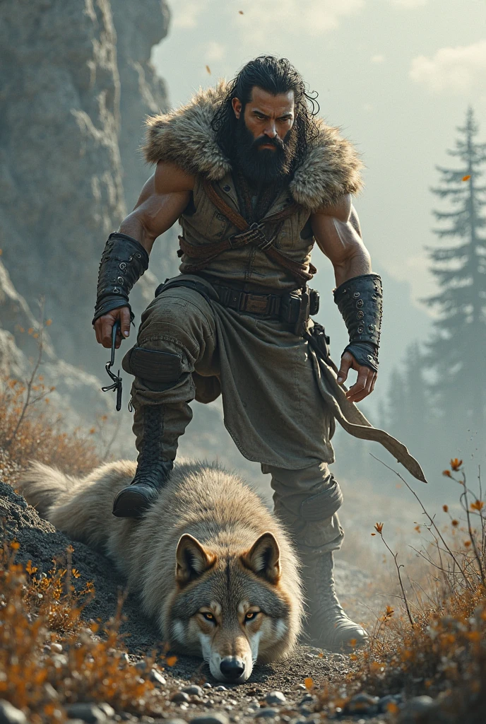 the best quality, very high resolution, detailed 4K CG, Masterpiece artwork, augur, Nordic Deuses, handsome man holding bagpipes plus a wolf, rune tattoos, viking, Celtic mountains, blue sky, Norse mythology, viking rune tattoo, beautiful aesthetic, Beautiful picture, There are beautiful mountains with green grass in the back