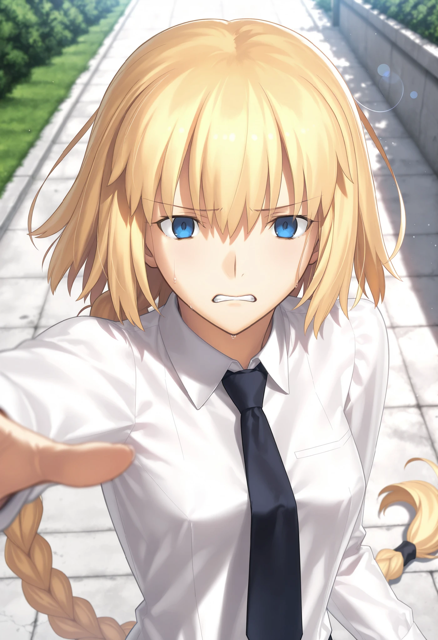masterpiece, , absurdres, highres, detailed background, high resolution, masterpiece, necessary, detail, best quality, quality, necessary, details, High details, Precise, outdoors, (dappled sunlight), day, lens flare, blurry background, ((from above)), upper body, , solo, ,
1girl, , Takeuchi Takashi (type-moon,tsukihime) style, takeuchi takashi style, ((reaching)), (((worried, scared, grimace, half-closed eyes))), ,
tall girl, mature, jeanne d arc, \(fgo\), blue eyes, , jeanne d arc, blonde hair, medium hair, ( floating hair ), (open white dress shirt), black necktie ,big braid, single braid, small breasts, underwear, looking at viewer, , concrete, , ,