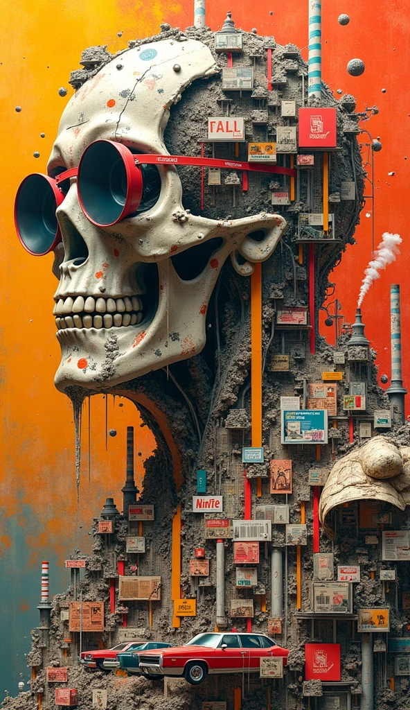 (masterpiece, top quality, shape, Delicate Details, 8k:1.2),(Highly Detailed CG Unity 8k Wallpaper), (top quality), (best illustrations), Beautiful Character Drawings,Stunning Anime, Smooth Anime CG Art,(Shot by a Professional Photographer:1.2),(Best Shadow),  realistic lighting, An abstract collage artwork constructed from torn fragments of vintage newspapers, Showa-era calendars, and retro advertising posters. The elements are arranged chaotically in three-dimensional layers, forming no clear shape but suggesting collapse and disorder. Bright, multi-colored paint — red, blue, yellow, green, and metallic — is violently splattered across the composition, dripping and pooling unpredictably. The paper fragments seem to melt and fuse into each other under the weight of consumerism, with ghostlike outlines of cars, factories, and barcodes  emerging through the layers. The background is a burnt orange haze, evoking climate anxiety. The entire piece feels like a visual scream — a raw, visceral reaction to mass production and environmental destruction. Surreal, chaotic, and emotionally explosive.