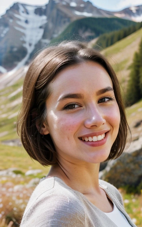 1 woman((Upper Body Selfie, happy)), masterpiece, Best Quality, ultra detailed, alone, exterior, (evening), mountains, nature, (stars, official) happy, happy, naked