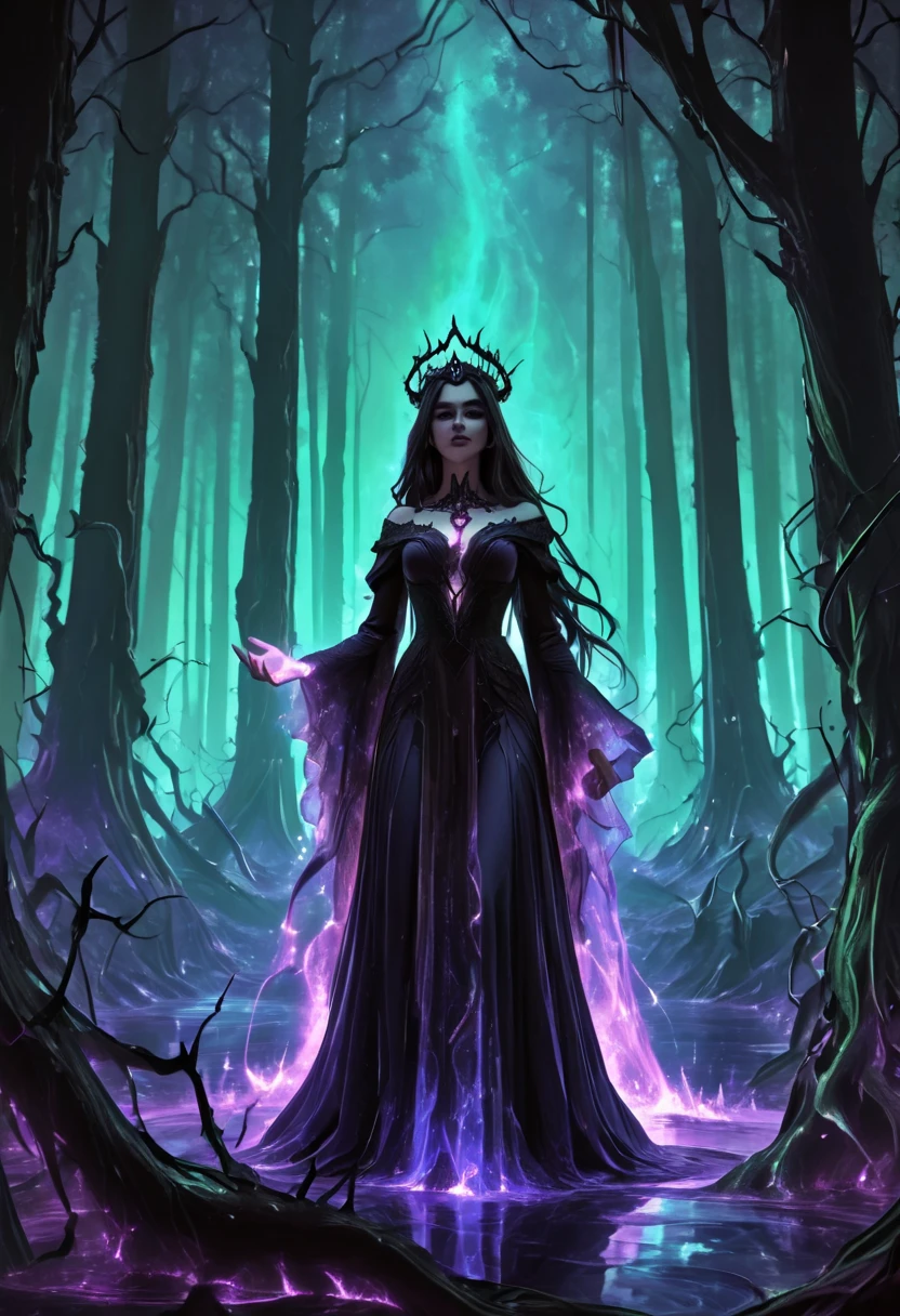 An abstract digital wave of an evil character takes form, a dark fairy tale figure with flowing raven hair that sways like shadows in the night. Dressed in a deep purple gown, it billows with the essence of dark magic, swirling in fantastical patterns that reflect the chaos of her sinister reign. A bewitched tiara, shimmering under the eerie luminescence of an enchanted forest, adorns her head, casting reflections that hint at her ominous power. The atmosphere thickens with a captivating yet menacing aura, while the ground below is a tapestry of twisted roots and sharp thorns, each curve and angle a testament to the dread woven into her story. This vibrant scene unfolds in abstract digital waves, where every flowing line narrates tales of dark escapades, beckoning the courageous to enter a realm where enchantment and peril are inextricably linked