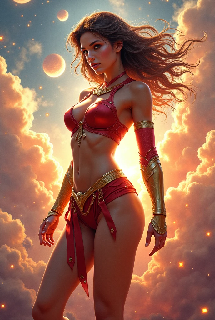 ((full body)), (((head to toe))), (((1 female, solo))), beautiful blushing slender Queen of Mars (((with shaggy ginger hair))), small bust, narrow waist, thin legs, (((against Mars as a planet background))), (((gorgeous fire brassiere, loincloth))), ruby necklace, ruby tiara, veil, (((American comic style with dark contours))), (((art by J. Scott Campbell)))