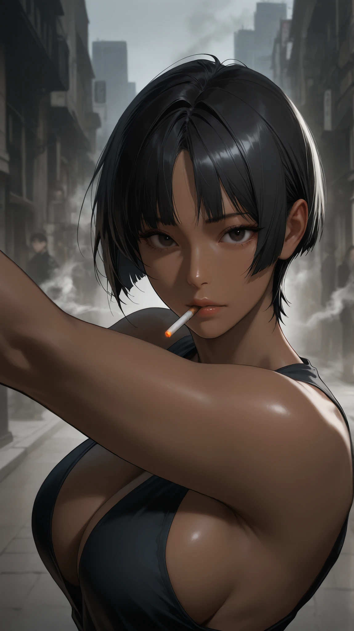 very aesthetic, 걸작, 고해상도, 8k 해상도, high contrast, semrealistic, newest, koreanai, best_quality, finely_detailed_eyes_and_detailed_face, 1 female, latina, brown skin, dark_eyes, black_hair, short_cut, parted_bangs, looking at viewer, (dynamic_pose), front_view, half_body_shot, (smoke_cigarette, cigarette smoke), city, big_breasts 