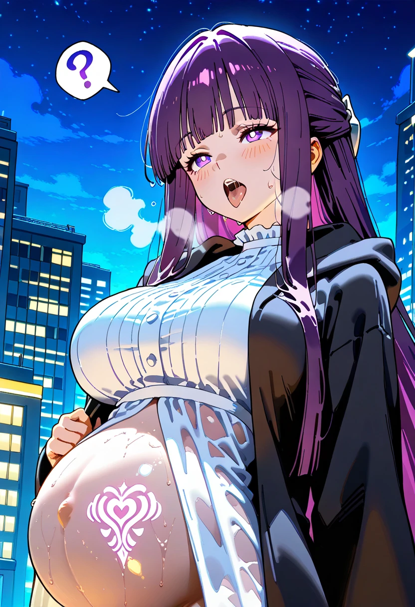 ((Masterpiece, Best Quality)),
1girl, Purple Hair, Bangs, Long_Hair,City,street,
Cowboy shot,(Hoodie),Open white coat,
(Stars in the Eyes,sparkle in the eyes,puffy eyes,
clear eyes, beautiful six-pointed star eyes),
((huge breasts, pregnant)),happy face,
Ai Hoshino,shiny skin,(silhouette),
black pantyhose,hair ornaments,
(Include the entire breast and stomach on the screen),standing,
