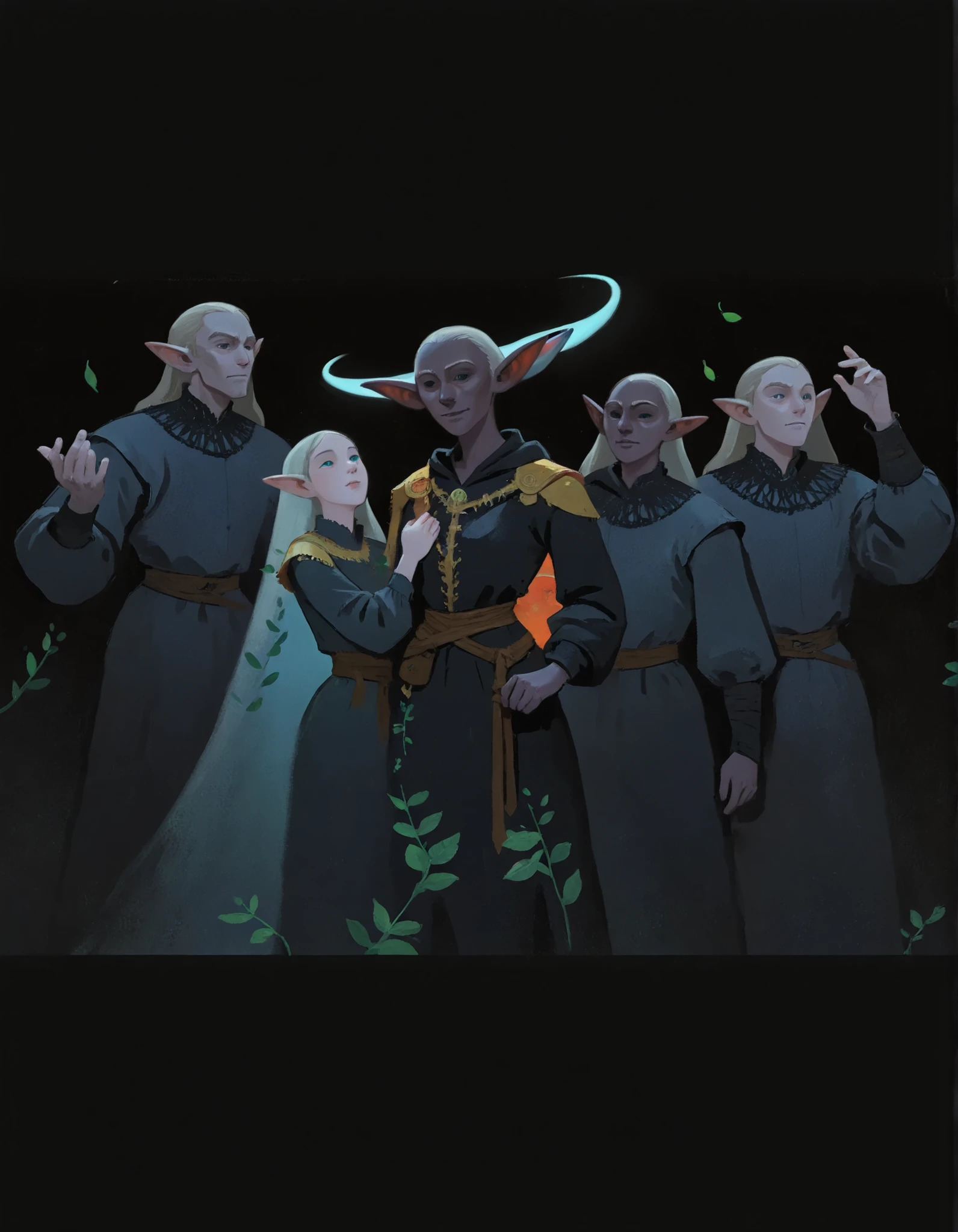 drki, portrait, 1girl, 5boys, dark elves, group portrait, black medieval outfit, ethereal atmosphere, surreal lighting, fantasy aesthetic, painterly illustration, gouache painting, soft lighting illustration, 2d art, leaves, abstract background, masterpiece, best quality, Smooth Quality