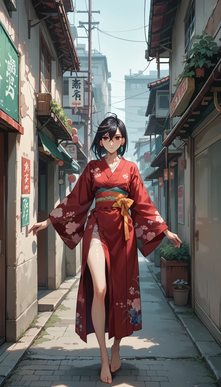 , Ayase Momo Ayase, 18, stands barefoot in a shady alleyway in the Edo period. She has very pale skin, short black hair with bangs, and dark blue half-lidded eyes that glow faintly in the moonlight. Her expression is blank, otherworldly. She wears a red, torn silk kimono that hangs very loosely over her slender frame,  touching her shoulders, her  legs . Her posture sways slightly, as if carried by a dream. The atmosphere is surreal and eerie - the faint, glowing outlines of youkai linger in the shadows around her. The alleyway is bathed in bluish moonlight, mist swirling around her feet. Her presence is ethereal, as if she is half spirit, half woman. outskirts of a small town, full-length front view