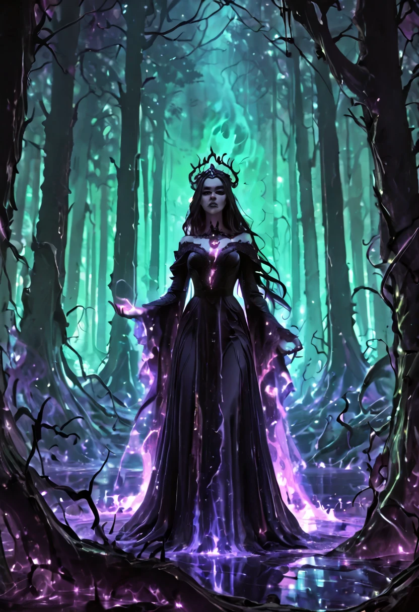 An abstract digital wave of an evil character takes form, a dark fairy tale figure with flowing raven hair that sways like shadows in the night. Dressed in a deep purple gown, it billows with the essence of dark magic, swirling in fantastical patterns that reflect the chaos of her sinister reign. A bewitched tiara, shimmering under the eerie luminescence of an enchanted forest, adorns her head, casting reflections that hint at her ominous power. The atmosphere thickens with a captivating yet menacing aura, while the ground below is a tapestry of twisted roots and sharp thorns, each curve and angle a testament to the dread woven into her story. This vibrant scene unfolds in abstract digital waves, where every flowing line narrates tales of dark escapades, beckoning the courageous to enter a realm where enchantment and peril are inextricably linked
