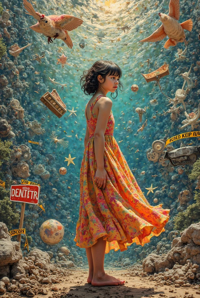 Collage, girl, dress, bird, motor vehicle, star, symbol, english text, book, humans, fish, caution tape, keep out, art, collage chaos