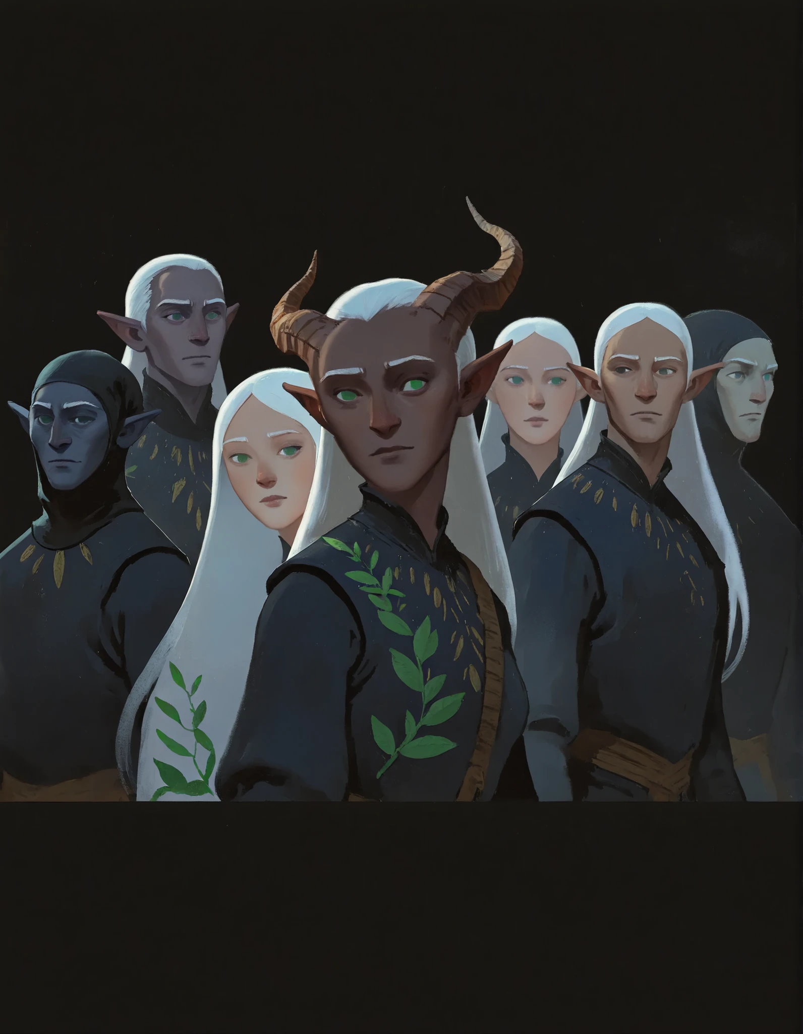 drki, portrait, 1girl, 5boys, dark elves, group portrait, long white hair, black medieval outfit, ethereal atmosphere, surreal lighting, fantasy aesthetic, painterly illustration, gouache painting, soft lighting illustration, 2d art, leaves, abstract background, masterpiece, best quality, Smooth Quality