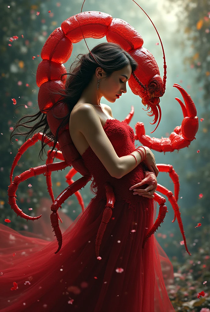 Woman hugging red scorpion