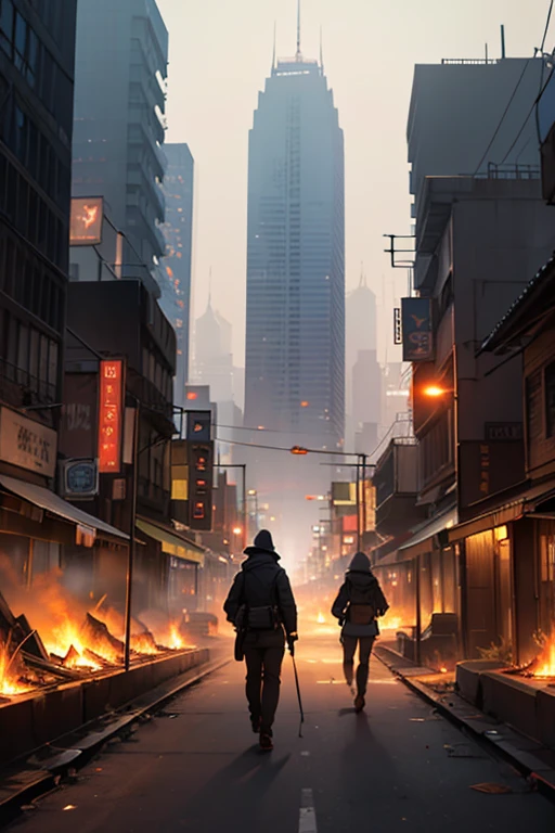 A chaotic city burnt and smoky. No one walks outside in this seemingly dangerous place.
