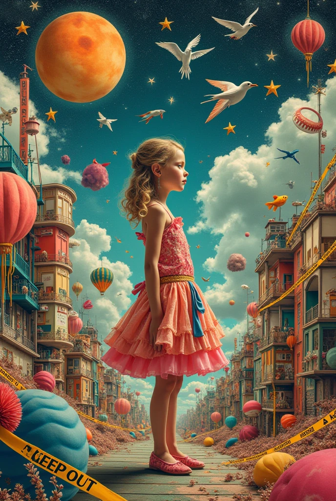 Collage Art, girl, dress, bird, motor vehicle, star, symbol, english text, book, humans, fish, caution tape, keep out, art, collage chaos