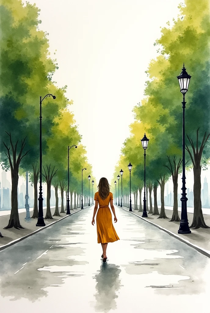 A low row of trees on both sides of a wide street ,among the trees old street lamp posts, on the paved road a woman walks in fashionable clothes. There are puddles of water on the street. watercolor painting with thin brush strokes