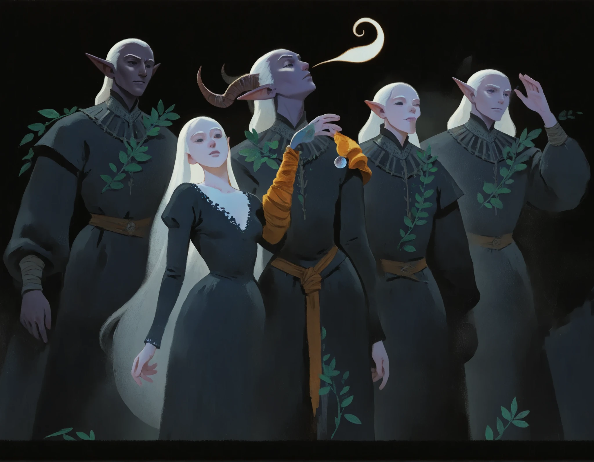 drki, portrait, 1girl, 5boys, dark elves, group portrait, long white hair, black medieval outfit, ethereal atmosphere, surreal lighting, fantasy aesthetic, painterly illustration, gouache painting, soft lighting illustration, 2d art, leaves, abstract background, masterpiece, best quality, Smooth Quality