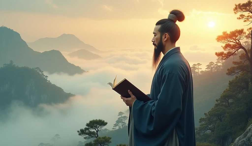 high quality, 8K Ultra HD Mensch (Mencius), the ancient Chinese philosopher, was standing on a mountain top at dawn, wearing a dark blue collar shirt, tall tufted hair in a vine-style, Handling a classic book, gentle and deep gaze, looking towards the horizon. Behind it is the pine forest, The flying cloud is, the light shone on his face like an aura of wisdom. Watercolor landscape, mixed between reality and fantasy, with a static and elegant atmosphere. — Mencius on mountain at sunrise, traditional Chinese attire, spiritual atmosphere, misty pine forest, wise expression, book in hand, ink painting style.