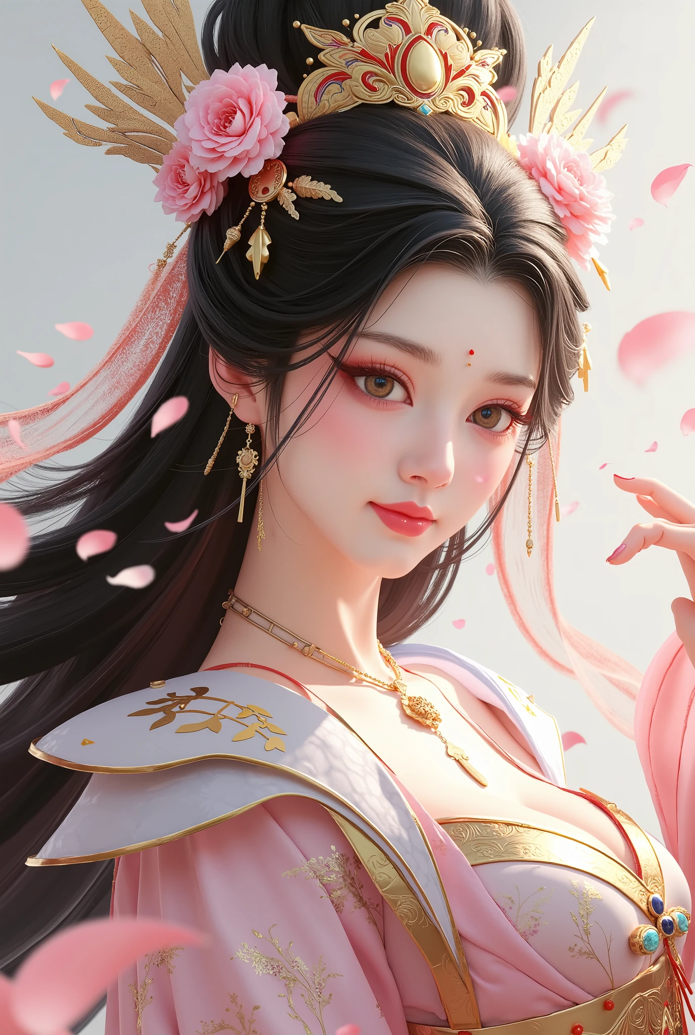 shuimo,Epic CG Masterpiece,
Portrait of a Chinese girl wearing a gorgeous headdress,delicate makeup,gradient background,Clavicle is visible,sexy,Rift,
Smooth skin. gentle smile. The wind blows her long hair,Petals in the air,
dynamic pose, amazing colors ,3D Rendering,movie lighting effect,00 Renderer,0.8