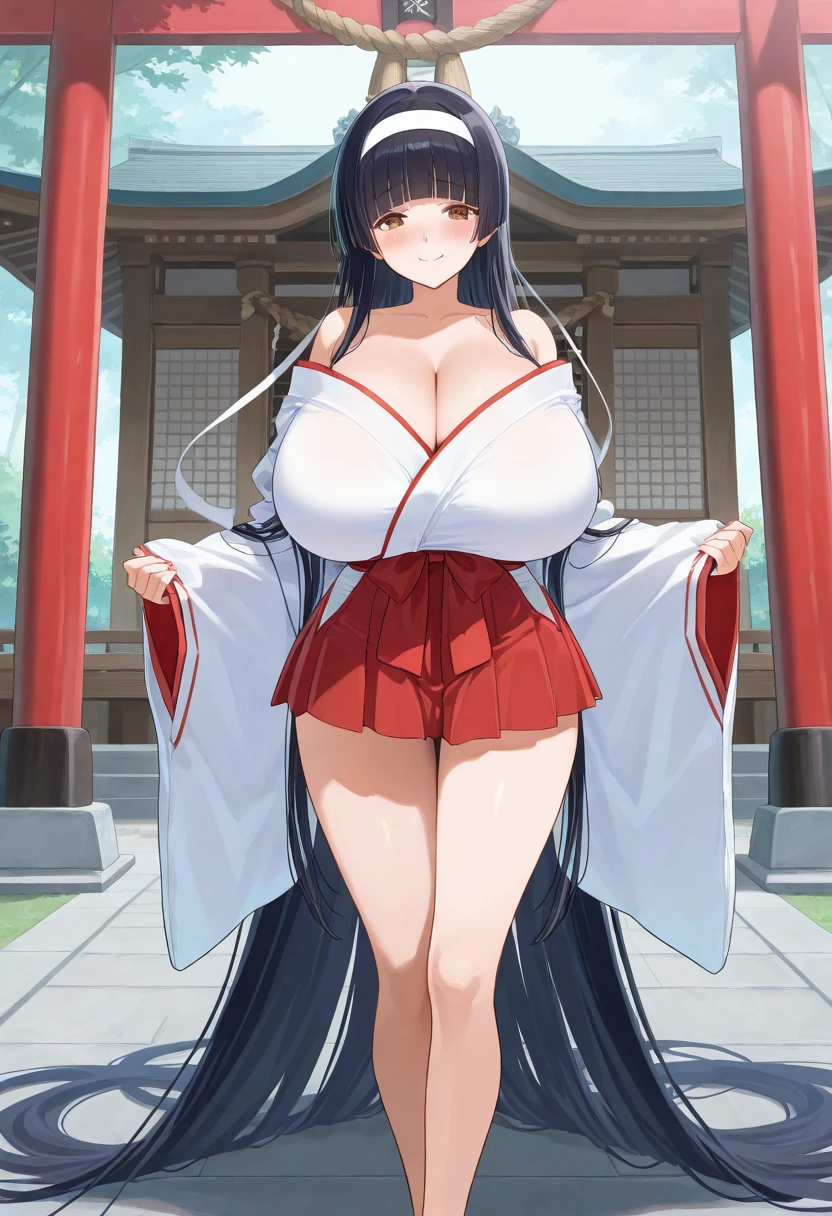 Big boobs, Red Dress, Miko, Shrine Background, 1girl, masterpiece, best quality, highly detailed