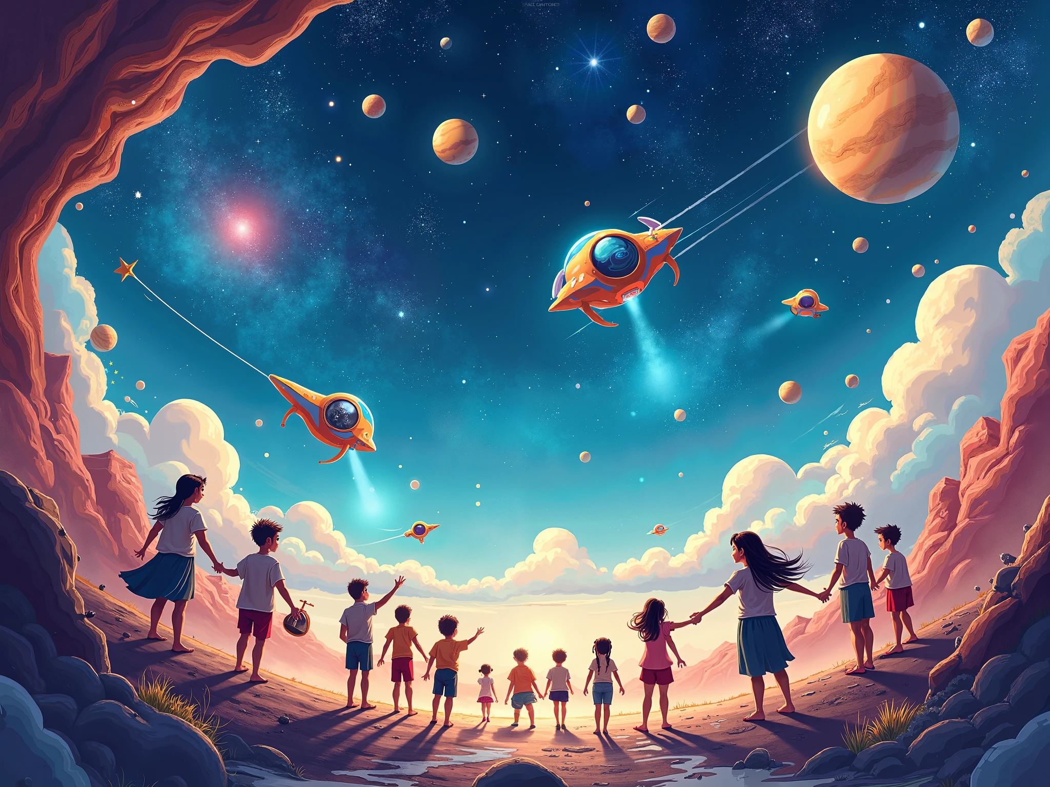 Fantasy background, mars or jupiter landscape
Three kids jumping a rope
A mother watching them disapproving