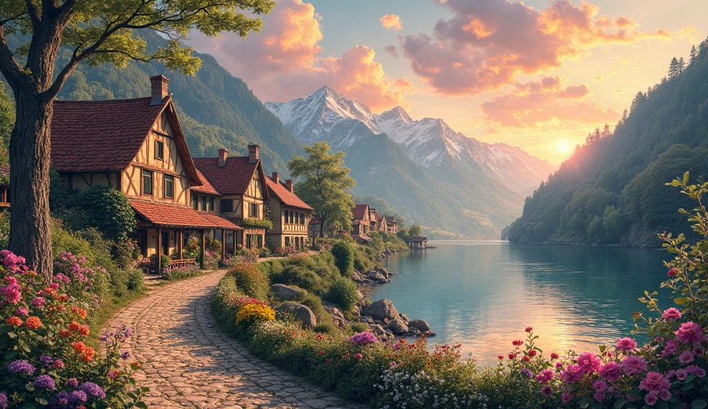 a small village by the river, mountains in the background, floral flowers colorful, detailed landscape, Beautiful natural landscapes, atmospheric lighting, scorching sunset, warm colours, practical, photopractical, Detailed Foliage, complex buildings, cobblestone street, Charming country house, swirly vibrant colors, lush vegetation, Still water reflections, Picturesque, idyllic, work of art, best qualityer, 8k, extremely detaild,anime styling