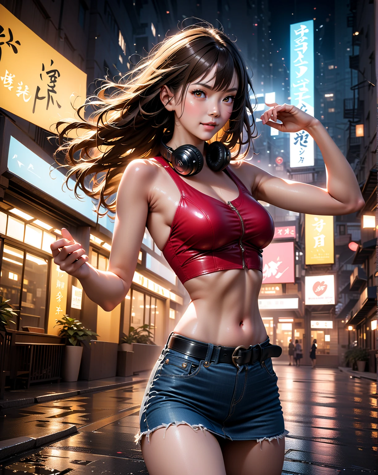 smiling hot young woman, asian woman, standing posed, (raising arm), (lighting yellow hotel building on background, outside hotel), (at night), BREAK, {(dark-brown hair, shoulder-length hair), (headphone around neck)}, BREAK, (( (red crop top),  ( denim pencil mini skirt with black belt) )), BREAK, (1girl, solo, cowboy shot), (best quality,4k,8k,highres,masterpiece:1.2),ultra-detailed,(realistic,photo-realistic:1.37),cinematic lighting,moody lighting,dramatic shadows,vibrant colors, (expressive eyes, perfect face, perfect anatomy)