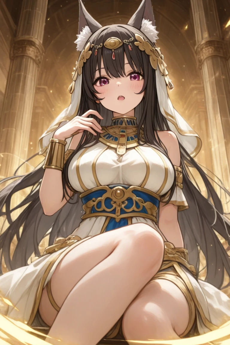 ((highest quality)), ((masterpiece)), (detailed), (Perfect Face)、The woman is Marina Katsuragi and has long brown hair.、A gorgeous gold long slit see-through dress that lets you see through to the skin, a see-through cape with fur, a jeweled necklace, a tiara, earrings, a head dress up chain, a waist chain, bracelets, ankle bracelets, etc.々She wears lavish jewelry and shiny gold boots.