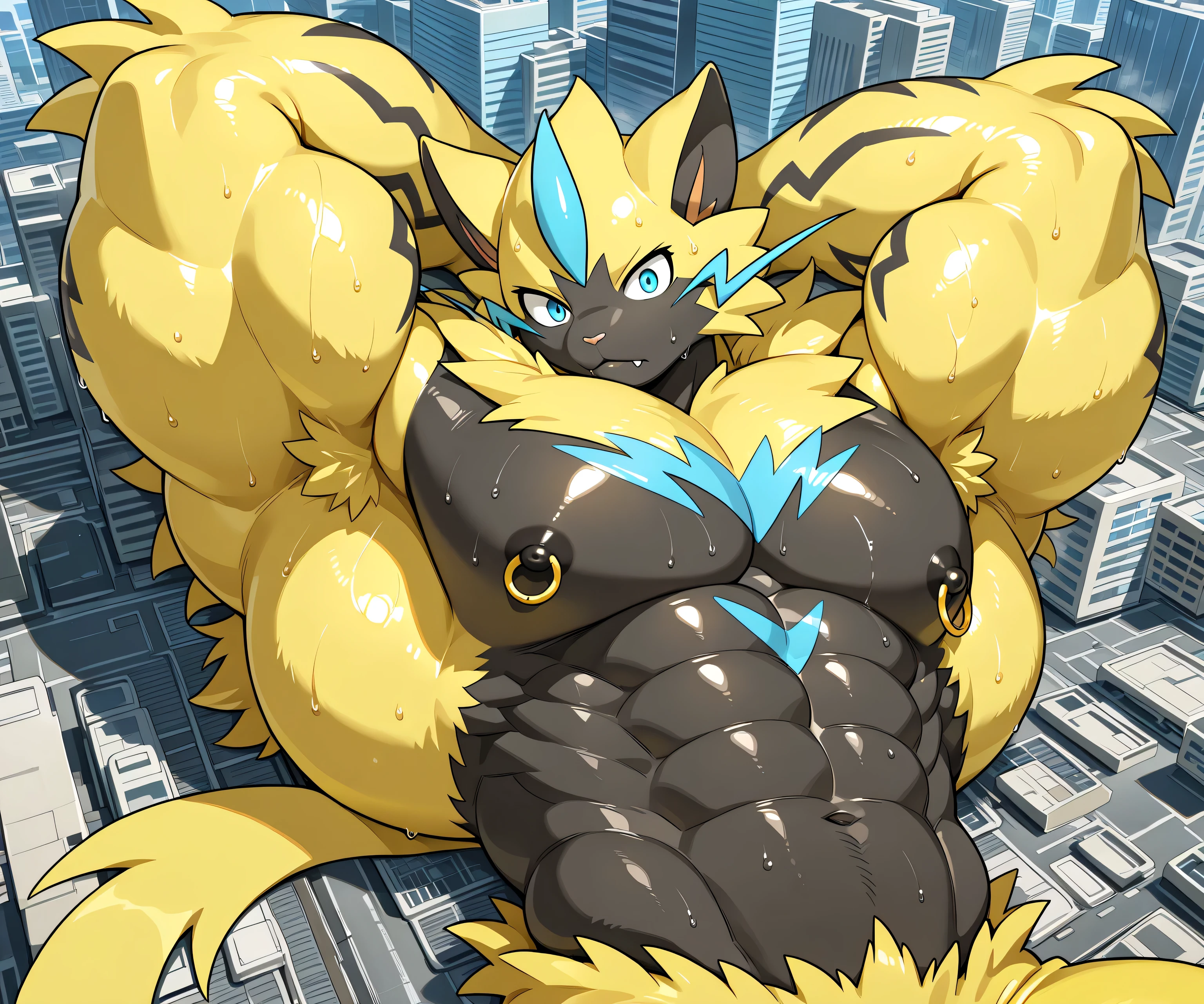 kemono, bara, solo, furry, Anthro, zeraora, male, tail, fangs on lips, muscular, posing, leaning backward, huge black nipples, golden nipple rings, broad shoulders, huge arms, broad chest, yellow fur on head, yellow fur on arms, detailed background, surprised, closed mouth, sweaty, high view, lying down, hands behind head, macro, city, looking at viewer, upper body shot, BREAK score_9_up, score_8_up, score_7_up, score_6_up, score_5_up, score_4_up BREAK by null-ghost