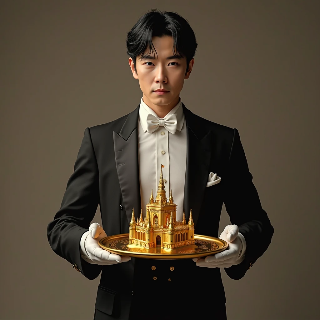 Butler Japanese Celebrity Sato Takeru, Long black suit,  white gloves, . His gesture is that in his hand there is a tray of gold. , On that tray there is 1 castle.