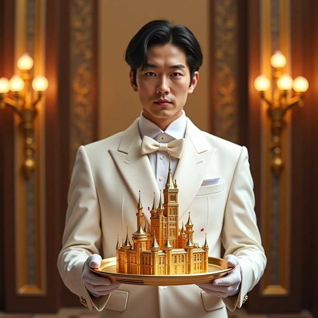 Butler Japanese Celebrity Sato Takeru, Long white suit,  white gloves, . His gesture is that in his hand there is a tray of gold. , On that tray there is 1 castle.