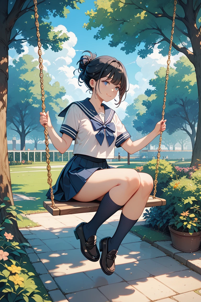 A girl is sitting on a swing, with legs spread, in a short skirt and flashing her panties, with a perfect body, ultra-detailed, realistically