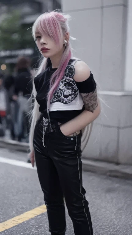 Pink haired girl with black skateboard 