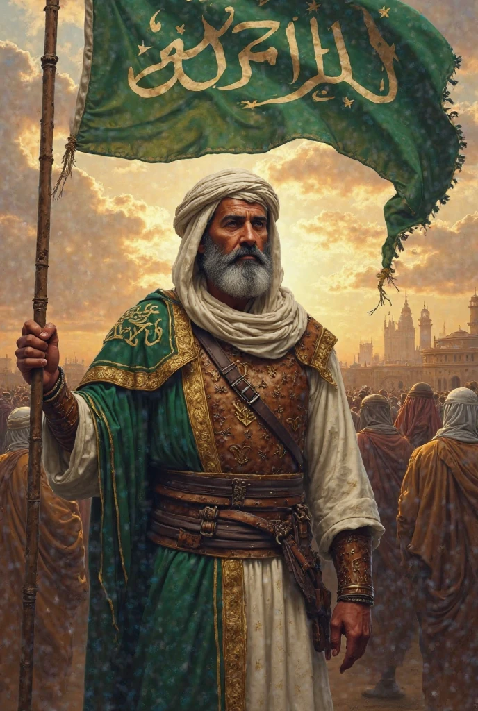 A photo of a 45-year-old Arab man of medium build features with a beard and some gray hair in which his hair was covered on his head with an Arab headdress and a turban wearing an old leather armor and holding a green flag with the inscription (يالثارات الحسين) behind the door of paradise and clouds and lights with a majestic view around and below him many people wearing old Arab clothes and looking at him some with love and some with fear this photo looks like an old oil painting