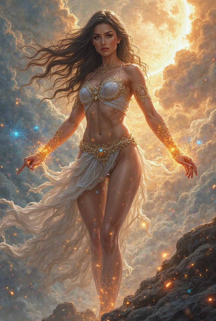 An ultra-realistic and ultra-detailed (Legendary Multicolored Psychedelic Masterpiece), ((HOLDING A GORGEOUS COLORFUL RAINBOWLUMINESCENT GALAXY IN HER HANDS)), ((full body portrait)), (Dynamic Angle), best quality, (Angled View), 1girl, She is a Gorgeous Magical Alchemist, a very noble Caucasian lady, ringed silver eyes, Calm, half closed eyes, thin body, slim waist, small breasts, (bare legs), Awesome Black Hair, a confident smile, ((HOLDING A GORGEOUS COLORFUL RAINBOWLUMINESCENT GALAXY IN HER HANDS)), Celestial Star Map, highly detailed expensive wizard's skirt, beautiful, dramatic, backlighting, night, midnight, (Multitude Of Stars), beautiful fantastic night view, (ultra-detailed, finely detailed beautiful eyes and face), high resolution, 8k UHD, perfect anatomy, perfect fingers, Highly detailed scenery, Highly detailed background, perspective, depth of field, atmospheric