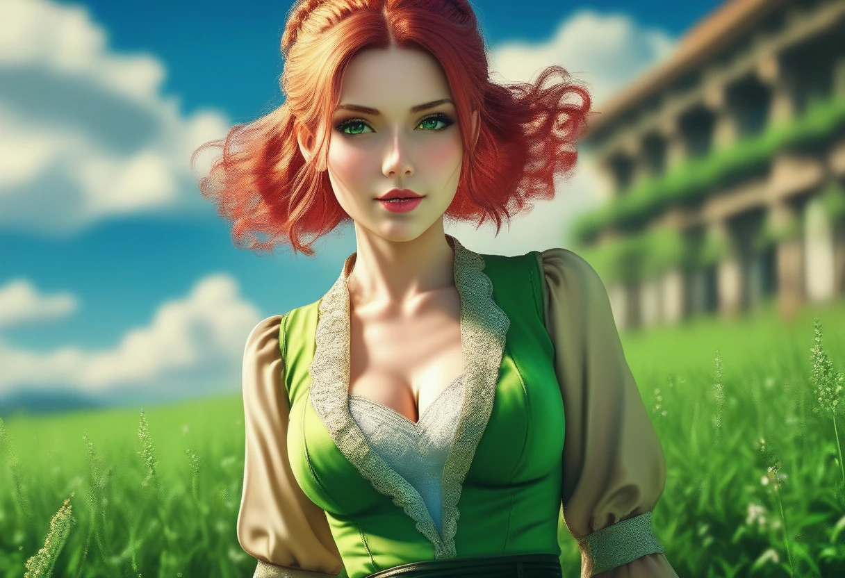 Triss Merigold from The Witcher has a unique charm, with red hair and enigmatic green eyes. Ela veste um vestido longo e fluido em tons de laranja e dourado, combinando com suas cores naturais. It's in a field of wildflowers, with butterflies dancing around you, irradiando um ar de serenidade e magia, fotografia, O 85mm, --AR 16:9 --V 5