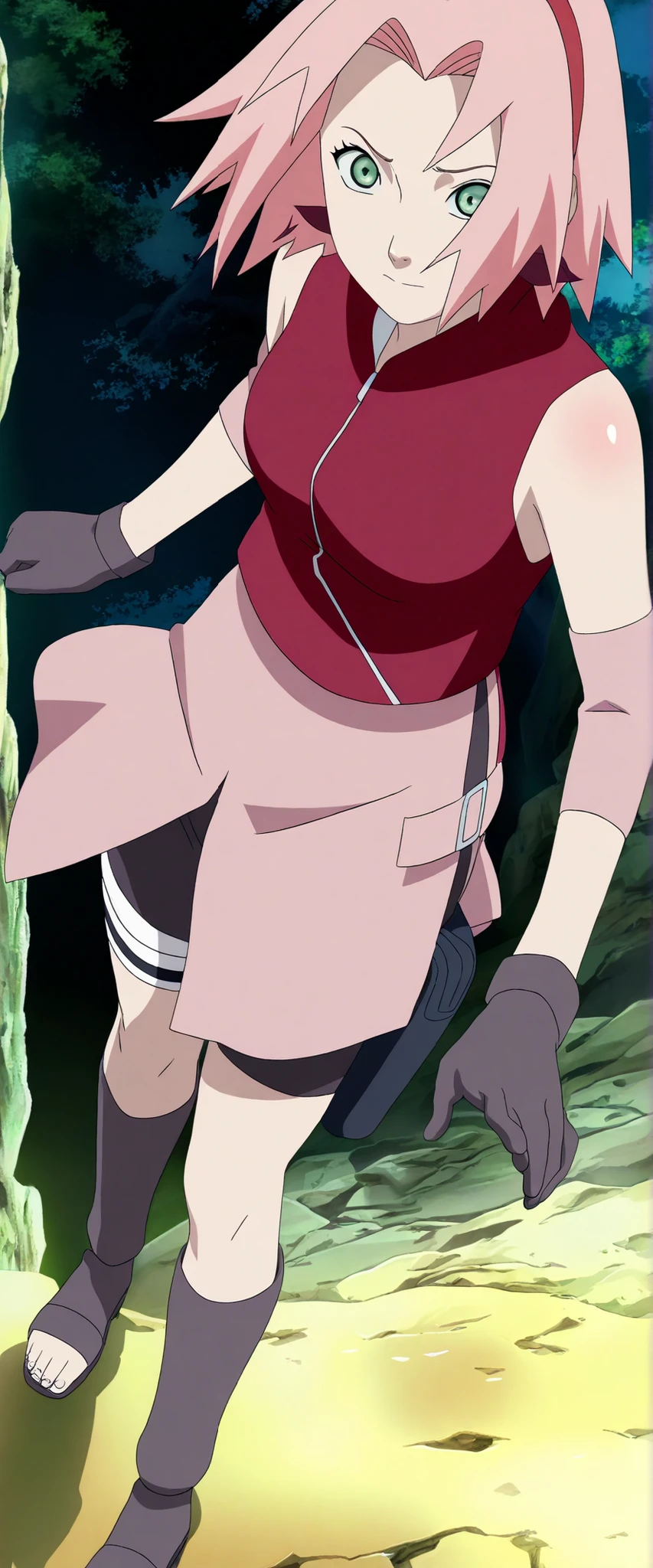 score_9,score_8_up,score_7_up,source anime,anime screencap,anime coloring,intricate details,fake screenshot,masterpiece,best quality,very aesthetic,(shiny_skin:1.3),anime screencap,anime coloring,Japanese TV anime style,
BREAK
sakura,1girl,54kur4 h4run0,pink hair,green eyes,short hair,shinobi outfit,gloves,shorts,grey boots,boots,heels,heeled boots,bike shorts,toeless footwear,jacket,sleeveless,black shorts,bare shoulders,skirt,pink skirt,
looking_at_viewer, soft thighs, full butt, standing,sidelocks