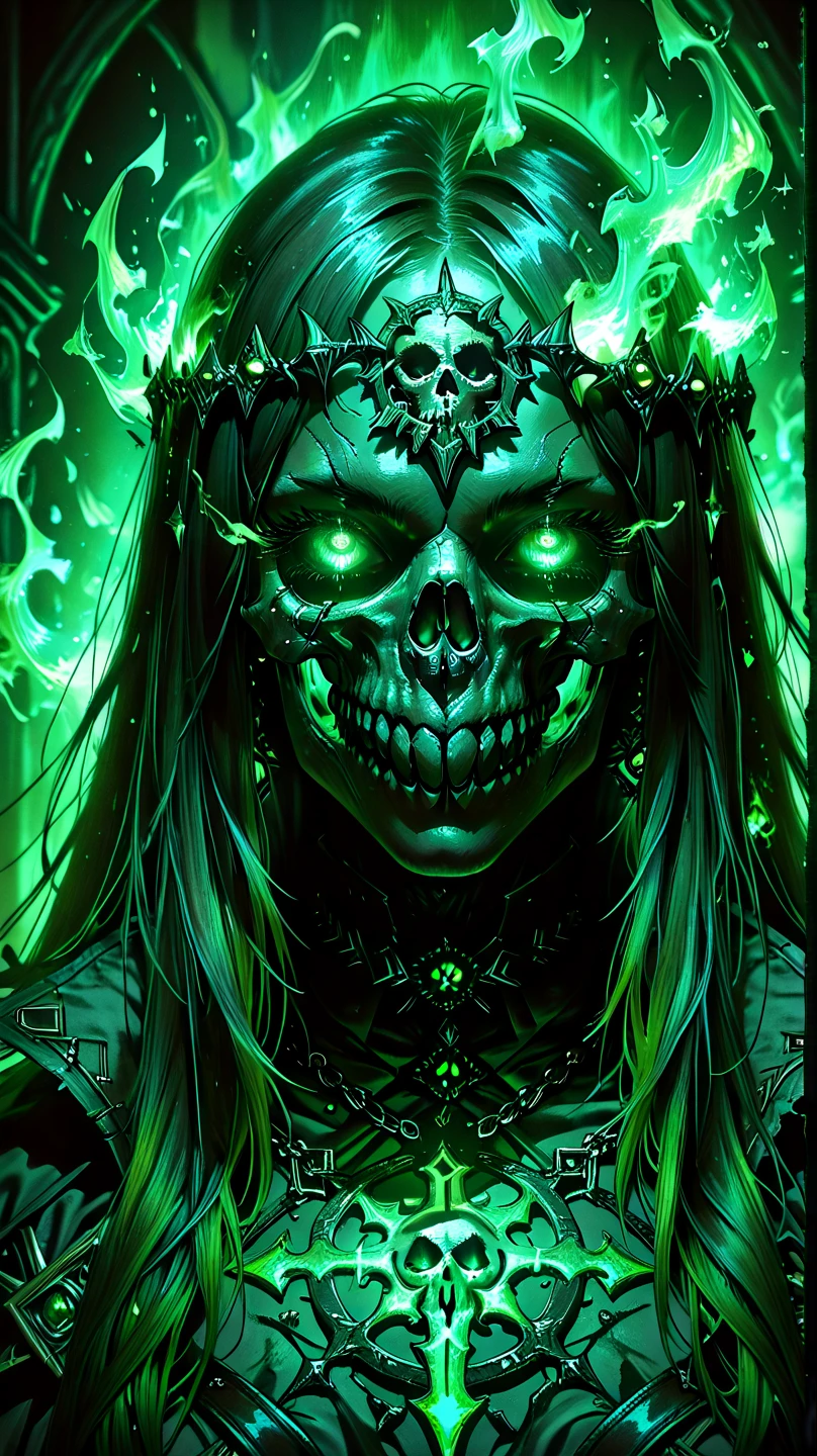(best quality, masterpiece:1.2), Gothic princess with white hair and glowing green eyes, skeleton neck, crown of roses, dark background, in the style of Mark Riddick