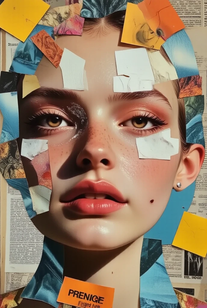 Please draw detailed and intricate collage art like the cover of a ８０' fashion magazine, A meticulous lover of printing, of photography and magazines, he selected and cut out all the parts of the faces he thought were most beautiful and reassembled them into a collage to form his ideal woman. A paper mosaic consisting of different pieces of small photos composes, in Frankenstein style, the face of a beautiful woman in the background, pages of magazines and newspapers.  