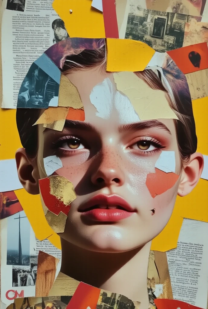 Please draw detailed and intricate collage art like the cover of a ８０' fashion magazine, A meticulous lover of printing, of photography and magazines, he selected and cut out all the parts of the faces he thought were most beautiful and reassembled them into a collage to form his ideal woman. A paper mosaic consisting of different pieces of small photos composes, in Frankenstein style, the face of a beautiful woman in the background, pages of magazines and newspapers.  