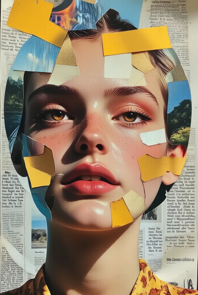 Please draw detailed and intricate collage art like the cover of a ８０' fashion magazine, A meticulous lover of printing, of photography and magazines, he selected and cut out all the parts of the faces he thought were most beautiful and reassembled them into a collage to form his ideal woman. A paper mosaic consisting of different pieces of small photos composes, in Frankenstein style, the face of a beautiful woman in the background, pages of magazines and newspapers.  